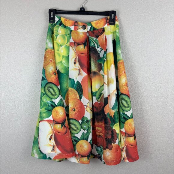 Lervour Womens Multicolor Fruit Print Lined Pleated A-Line Midi Skirt Size S - Picture 1 of 8